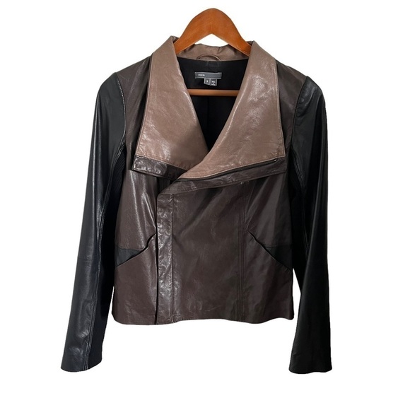 VINCE Lamb Leather Colorblock Moto Jacket - Picture 3 of 12